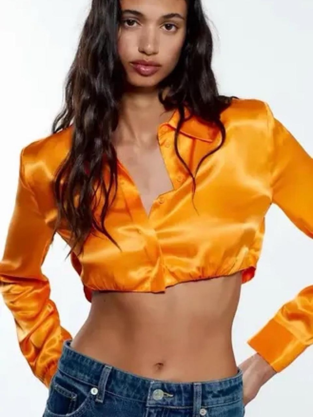Zara Satin Cropped Button-Up Top - Orange